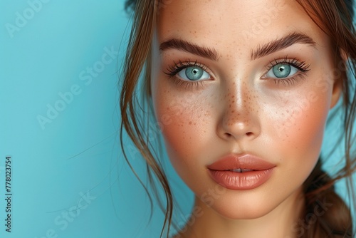  Stunning Woman with Blue Eyes and Freckles Close-up