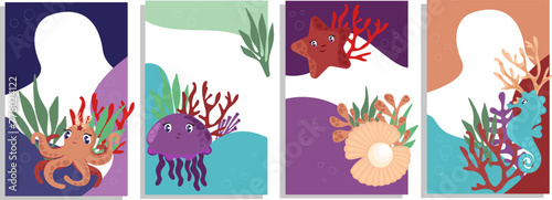 A set of children s multi-colored cards with sea animals  octopus  starfish  jellyfish  seahorse and underwater plants  corals and algae.