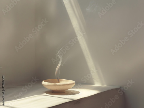 Minimalist incense burning on a serene neutral backdrop 300 DPI photo