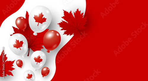 Canada day banner design of balloons and maple leaves on red background with copy space Vector illustration