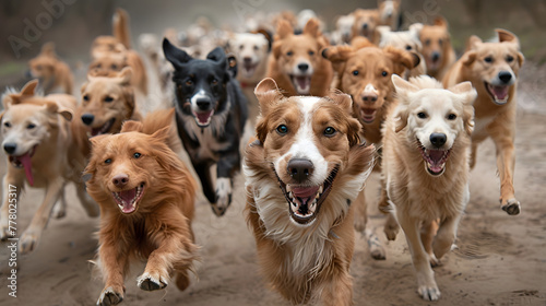 a group of 100 dogs running directly into the camera