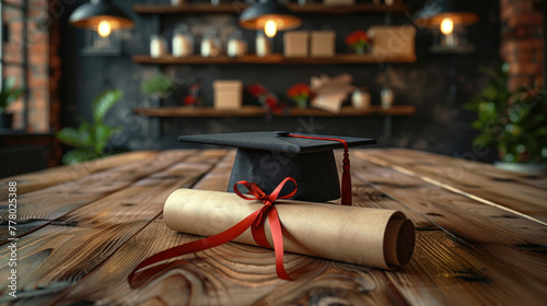 A graduation cap and certificate are placed on a table, symbolizing academic achievement and success.