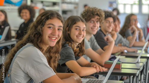 a group of happy high school students sitting at desks in an classrom with laptops photo