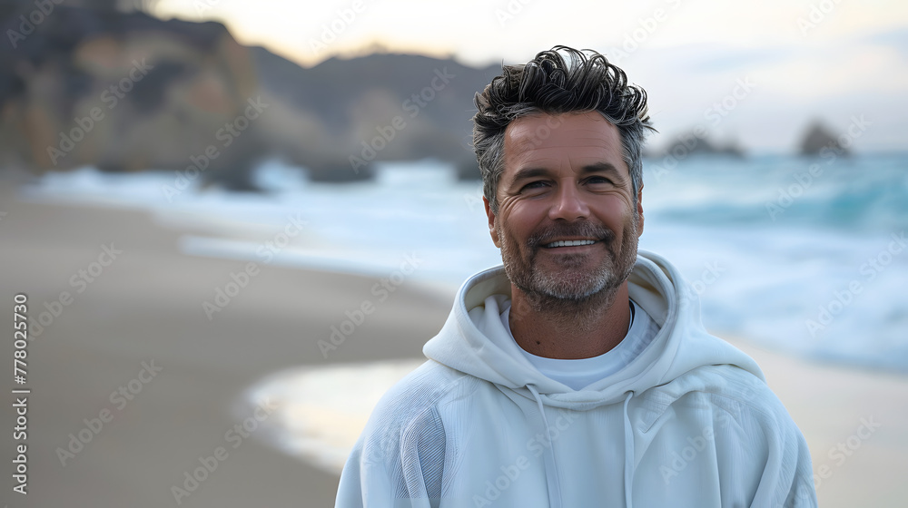 A handsome man in his late thirties wearing an oversized white hoodie is standing on the beach of Malibu and smiling at the camera