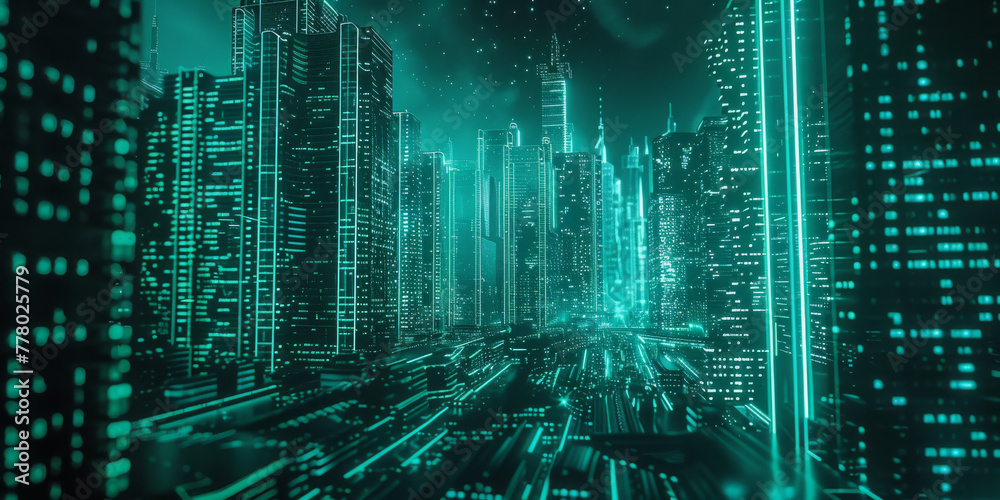 Digital art of digital city, buildings made up by binary code Stock ...