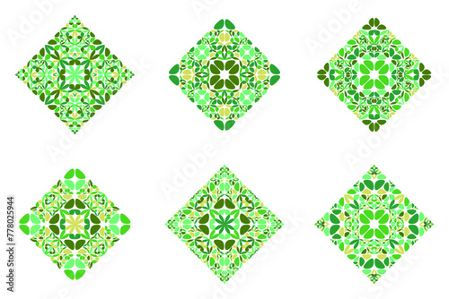 Colorful ornate floral diagonal square symbol set - squared abstract geometrical vector graphic designs