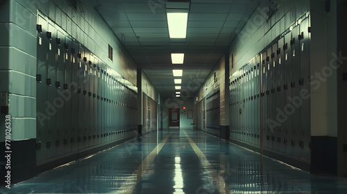 A long  empty high school hallway with lockers on both sides and lights overhead  creating an atmosphere of quiet contemplation or solitude in the scene