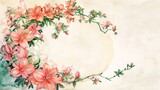 Azalea and rhododendron wreath in a crescent frame, watercolor, bright background,