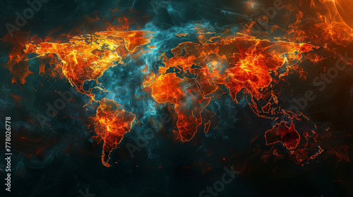 World map with flames at specific hotspots, abstract,