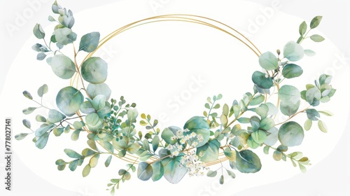 Chic watercolor wreath of eucalyptus and baby's breath in a thin oval gold frame, photo