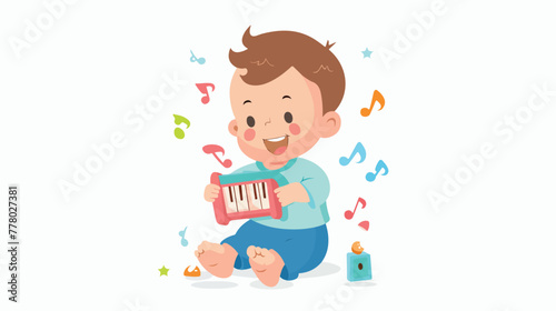 Cartoon cute little baby boy with musical toy flat vector