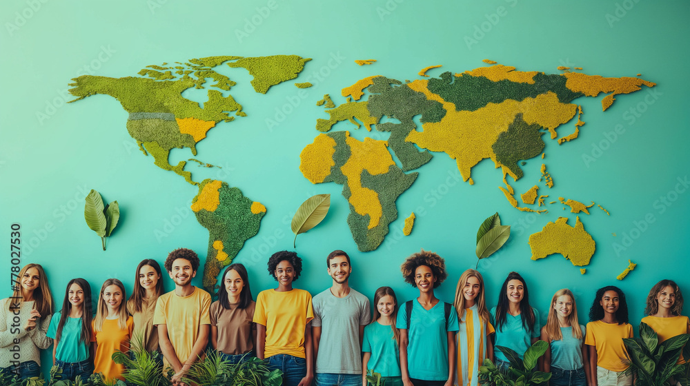 Diverse people from all over the world standing together and supporting a sustainable lifestyle environmental care and eco friendly solutions concept.