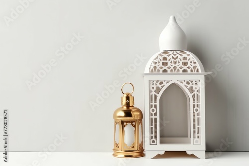 Eid mubarak and ramadan kareem greetings with islamic lantern and mosque. Eid al fitr background