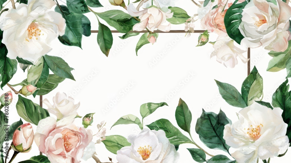 Fototapeta premium Lavish watercolor wreath of gardenias and camellias in a square frame,