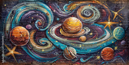 Solar System Graffiti Art on a Brick Wall A vibrant brick wall mural featuring an artistic interpretation of the solar system with swirling patterns and celestial bodies. 