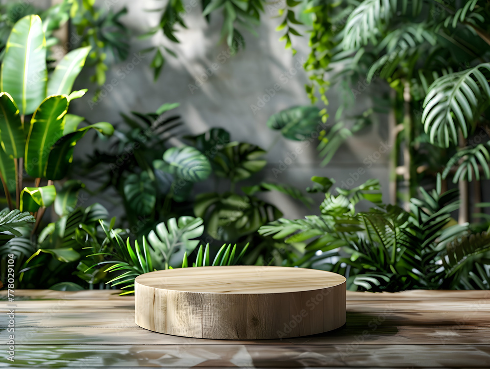 A circular wooden pedestal stands amidst vibrant tropical foliage, providing a natural display platform in a lush environment.
A circular wooden pedestal stands amidst vibrant tropical foliage, providing a natural display platform in a lush environment.