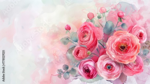 Pastel watercolor bouquet of ranunculus and peonies  minimalist bright background 