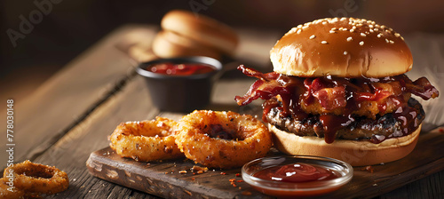 Bbq burger with bacon, sauce and onion rings on wooden table. Generative ai design concept art.