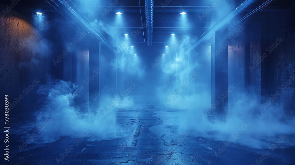 The dark stage shows, dark blue background, an empty dark scene, neon light, spotlights The asphalt floor and studio room with smoke float up the interior texture for display products.