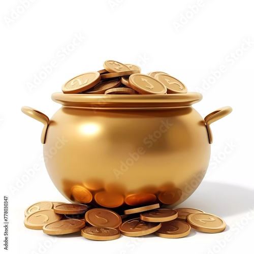 Coins in gold pot on white background. Generative ai design art concept.