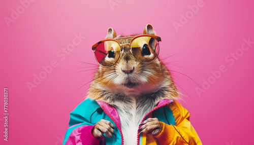 Cool chipmunk with sunglasses in colorful jacket. Generative ai design concept art. photo