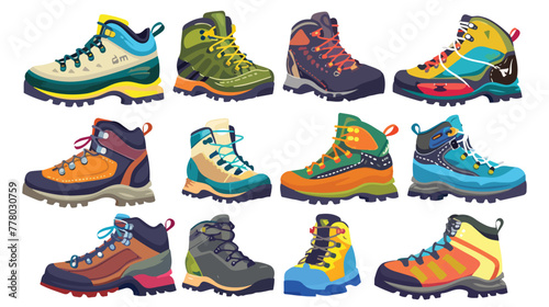 Colorful trekking shoes.Camping gear. Travelers hiking