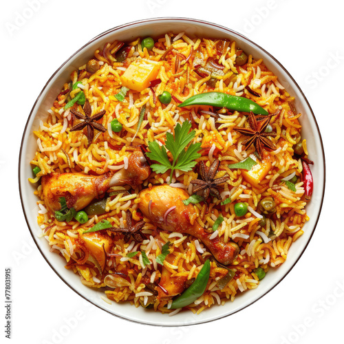 Biryani rice with chicken and spice in bowl isolated on white background