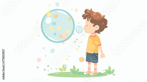 Cute boy blowing bubbles. Flat design. Vector 