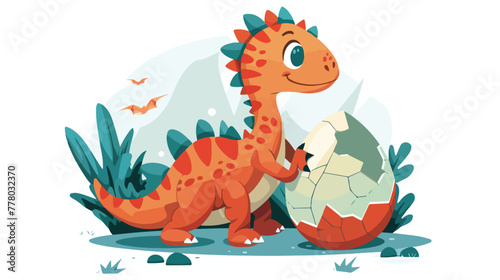 Cute Dinosaur On Crack Egg Vector Icon Illustration.