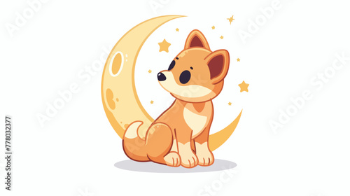 Cute dog is sitting on the moon. Animal cartoon