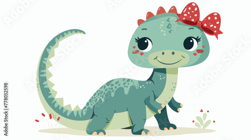 Fototapeta Naklejka Na Ścianę i Meble -  Cute girl dinosaur with red bow vector cartoon