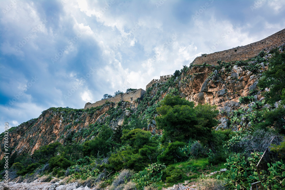 The historical Acronauplia fortress against an overcast sky, in Nafplio city, Argolis, Greece