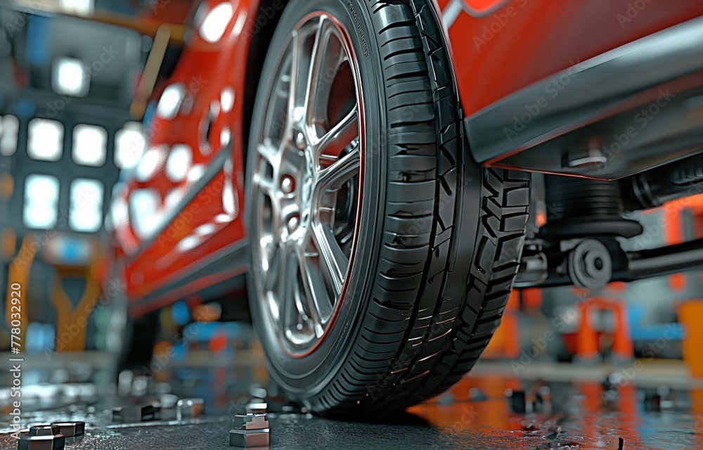 The equipment for adjusting the car wheel's angle is mounted on a wheel.