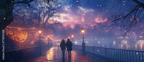 Two people are strolling on a bridge in the dusk.