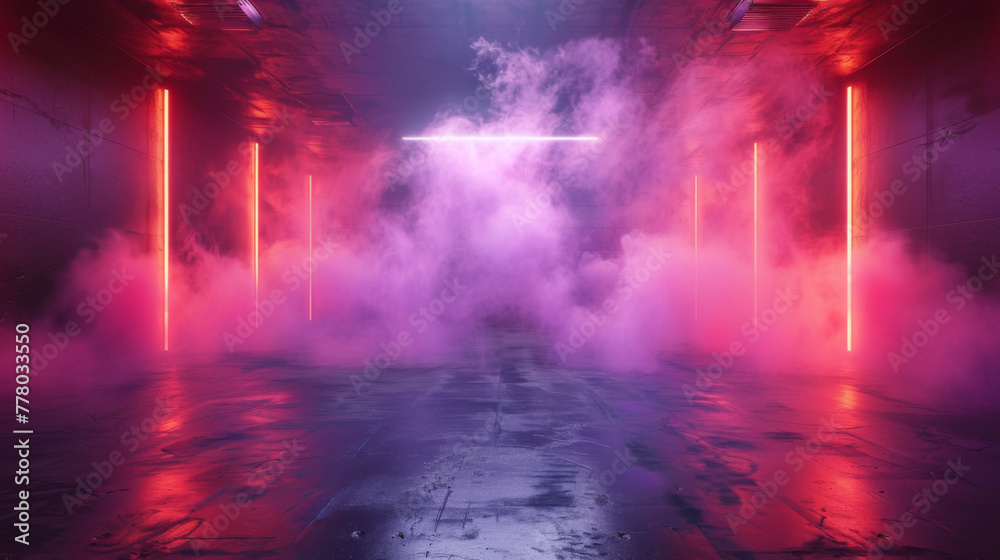 The dark stage shows, purple background, an empty dark scene, neon light, spotlights The asphalt floor and studio room with smoke float up the interior texture for display products. illustration.