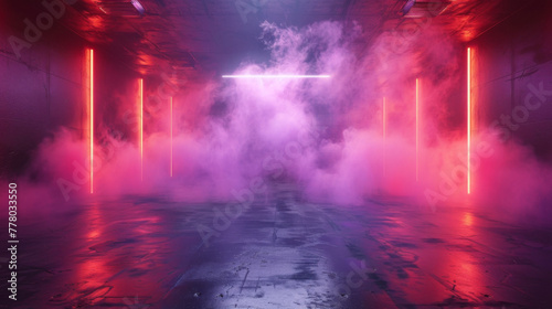 The dark stage shows  purple background  an empty dark scene  neon light  spotlights The asphalt floor and studio room with smoke float up the interior texture for display products. illustration.