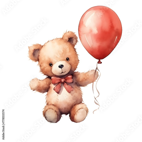 cute little bear wearing crown and holding balloons, watercolor.