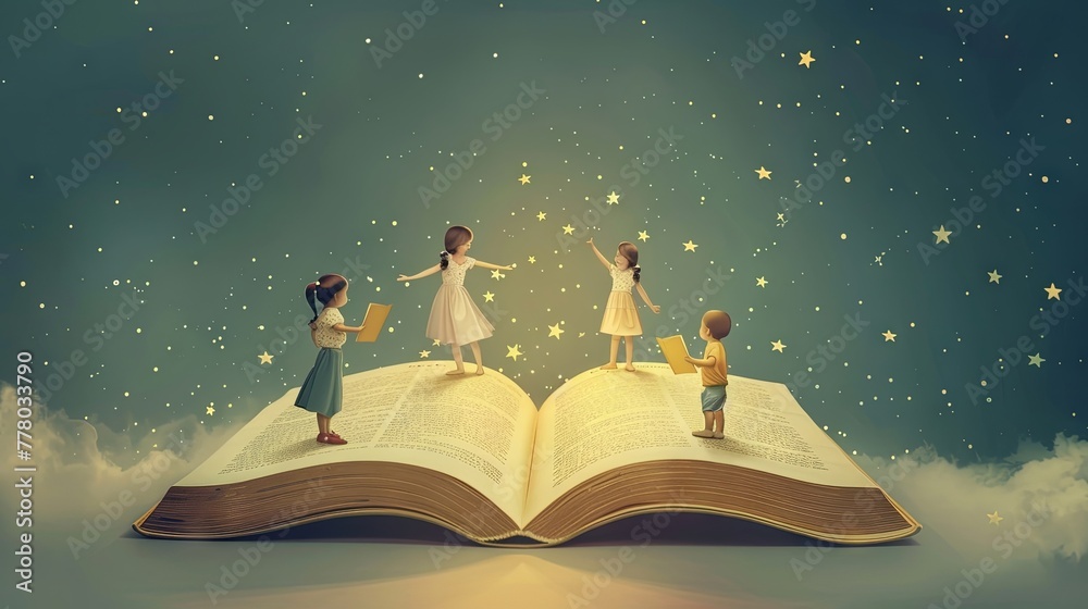 Naklejka premium children stood on an open book, playing happily and swimming freely in the ocean of books
