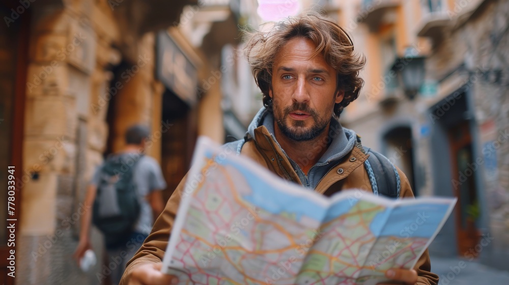 Man in Sunglasses Examining Map Man in Sunglasses Examining Map