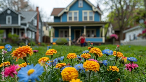 Blooming Field With House Background