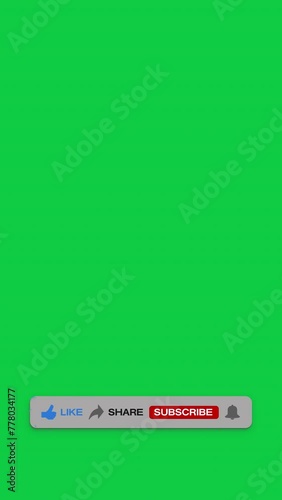 Vertical video animation of an animated, floating subscribe button with a bell button on a green background. - Suitable for video blog.  photo