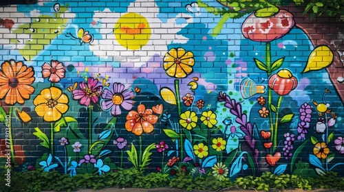 Springtime Bloom Graffiti with Sunny Sky
A vibrant graffiti painting celebrating spring with a bright sun and a variety of colorful flowers against a blue sky on a brick wall.
