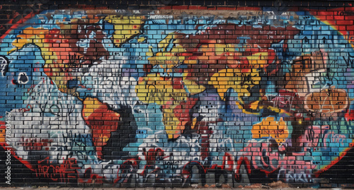 World Map Graffiti on a Street Wall A detailed graffiti mural of a colorful world map spans across a brick wall  peppered with tagging and urban street art elements. 