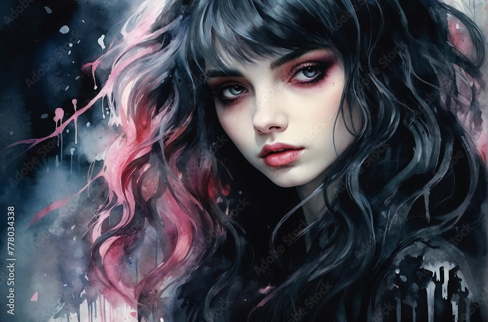 Fototapeta premium Watercolor Emo Goth Woman Portrait Art Wallpaper