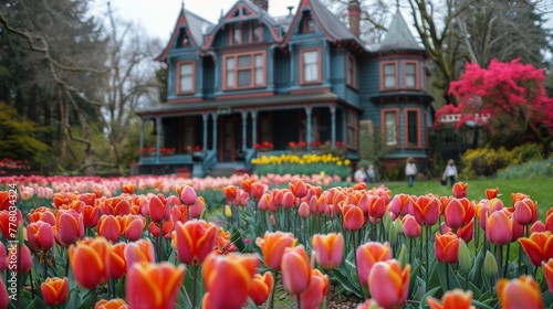 Blooming Field With House Background