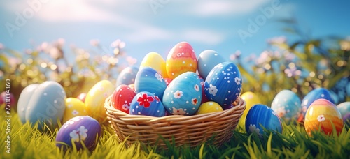 colorful easter eggs in a basket in the spring sun