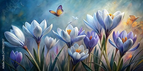 Beautiful Crocuses Oil Painting, Spring Background, Summer Flower Background, Spring Flower In Oil Paint.