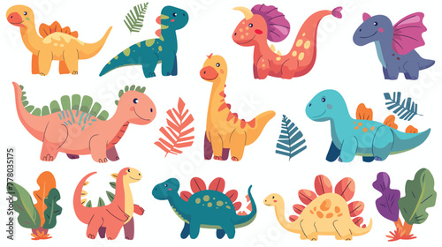 Dino character and simple tropical plants. Cute color