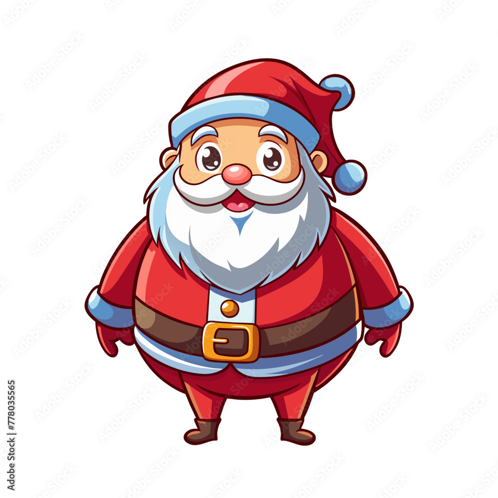 Funny happy Santa Claus character with gift, bag with presents, waving and greeting. For Christmas cards Funny happy Santa Claus character with gift, bag with presents, waving and greeting. For Christmas cards