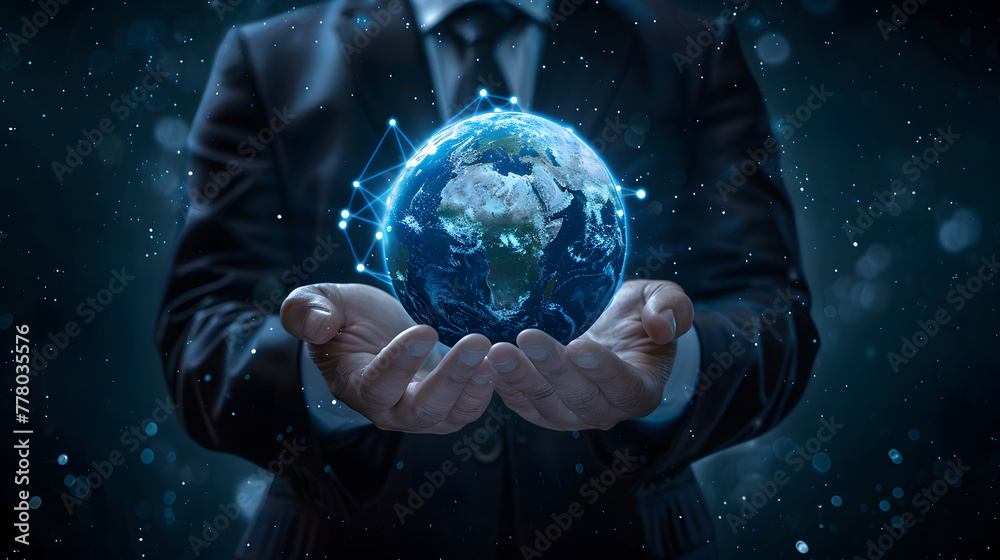 Businessman holding a digital glowing earth hologram in his hands on a dark blue background Businessman holding a digital glowing earth hologram in his hands on a dark blue background